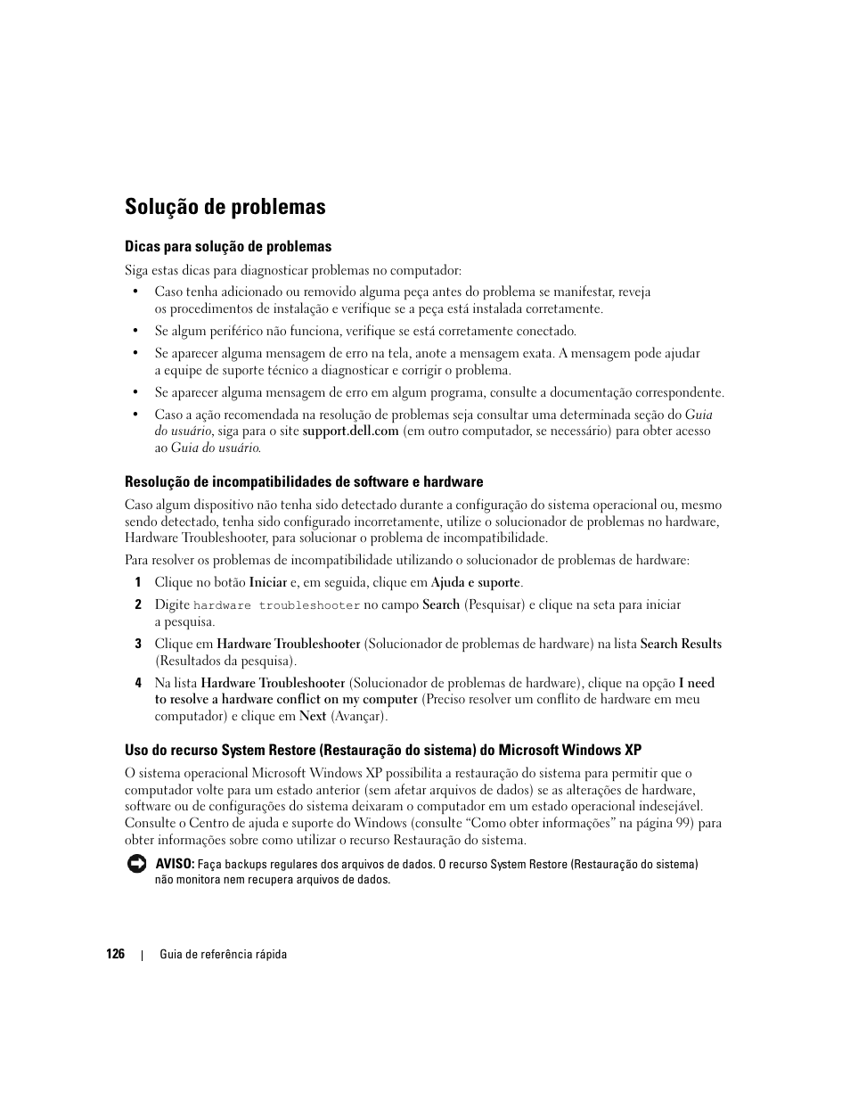 Solução de problemas, Dicas para solução de problemas | Dell Precision 390 User Manual | Page 126 / 190