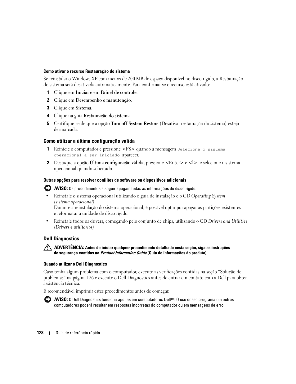 Como utilizar a última configuração válida, Dell diagnostics | Dell Precision 390 User Manual | Page 128 / 190