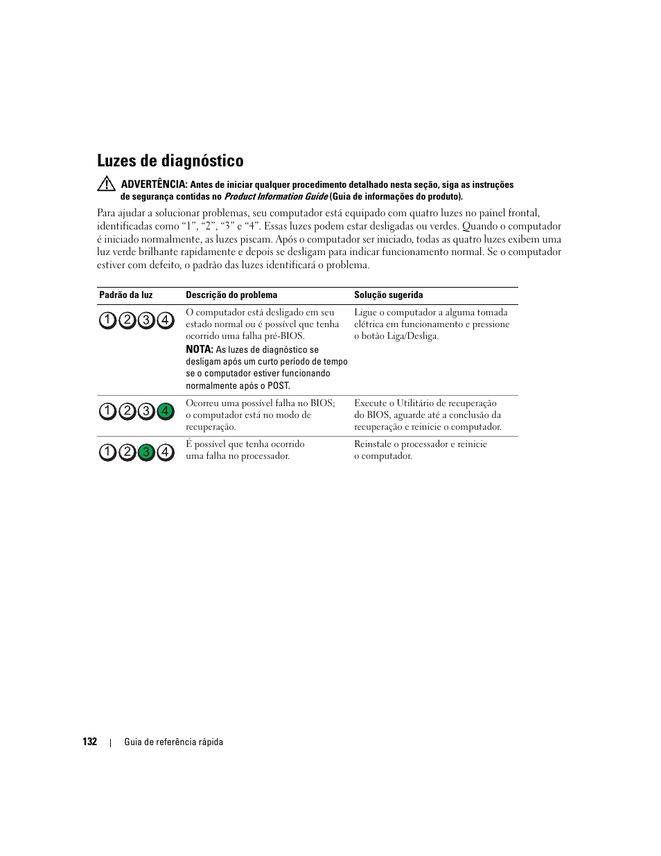 Luzes de diagnóstico | Dell Precision 390 User Manual | Page 132 / 190