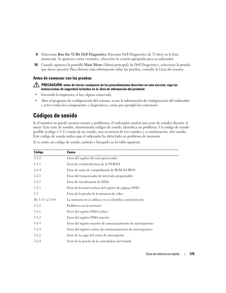 Antes de comenzar con las pruebas, Códigos de sonido | Dell Precision 390 User Manual | Page 179 / 190