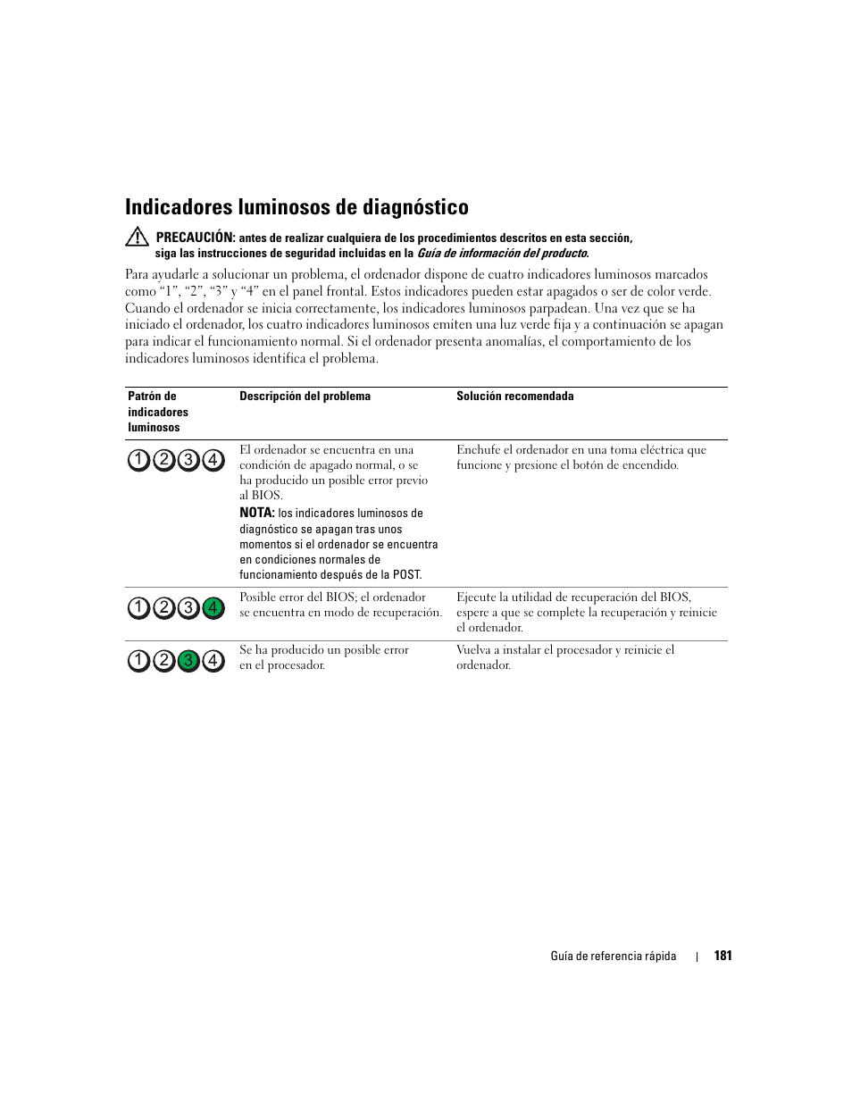 Indicadores luminosos de diagnóstico | Dell Precision 390 User Manual | Page 181 / 190