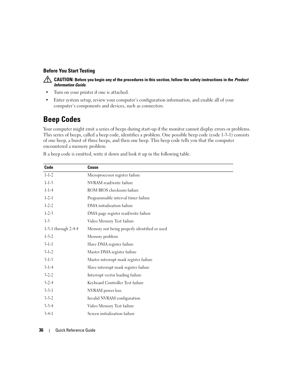 Before you start testing, Beep codes | Dell Precision 390 User Manual | Page 36 / 190