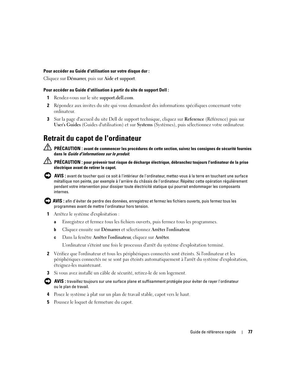 Retrait du capot de l'ordinateur | Dell Precision 390 User Manual | Page 77 / 190