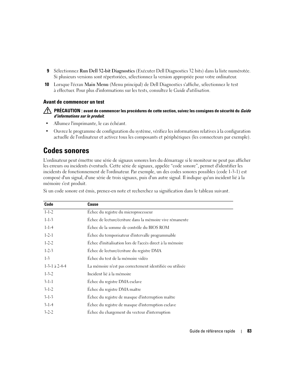 Avant de commencer un test, Codes sonores | Dell Precision 390 User Manual | Page 83 / 190