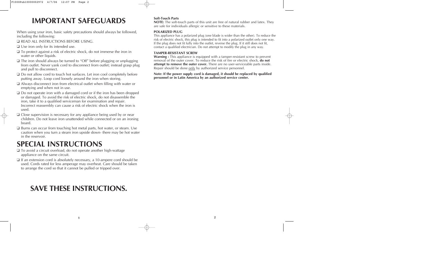 Important safeguards, Special instructions, Save these instructions | Black & Decker F1075 User Manual | Page 2 / 15