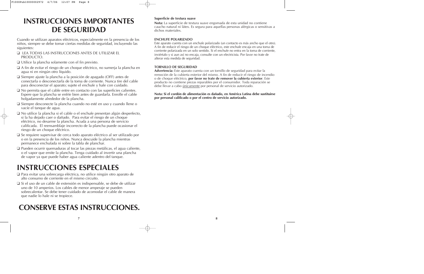Conserve estas instrucciones, Instrucciones especiales, Instrucciones importantes de seguridad | Black & Decker F1075 User Manual | Page 5 / 15