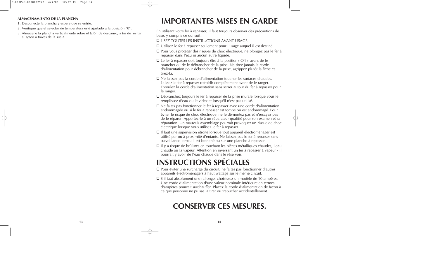Importantes mises en garde, Instructions spéciales, Conserver ces mesures | Black & Decker F1075 User Manual | Page 8 / 15