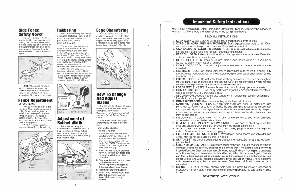 Rabbeting, Side fence safety cover, Fence adjustment | Adjustment of rabbet width, Edge chamfering, How to change and adjust riades | Black & Decker ELU 3375 User Manual | Page 3 / 4