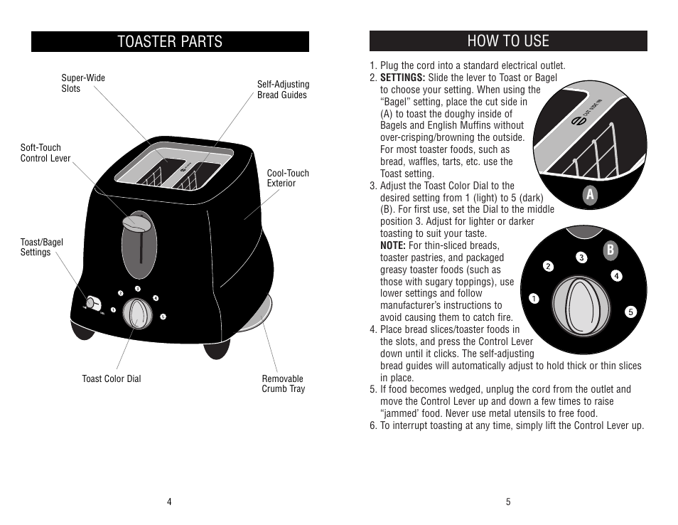 How to use, Toaster parts | Black & Decker MGD110 User Manual | Page 3 / 4