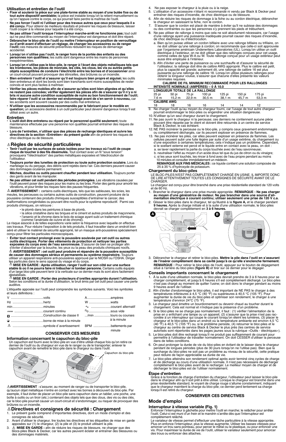 Mode d’emploi, Règles de sécurité particulières, Directives et consignes de sécurité : chargement | Black & Decker 5106173-00 User Manual | Page 3 / 6