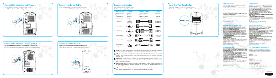 Connect the keyboard and mouse, Connect the network cable (optional), Connect the power cable | Press the power button, Connect the display, Locating your service tag, Connection type, Computer, Cable and adapter, Display | Dell Alienware Aurora R4 (Late 2011) User Manual | Page 2 / 2