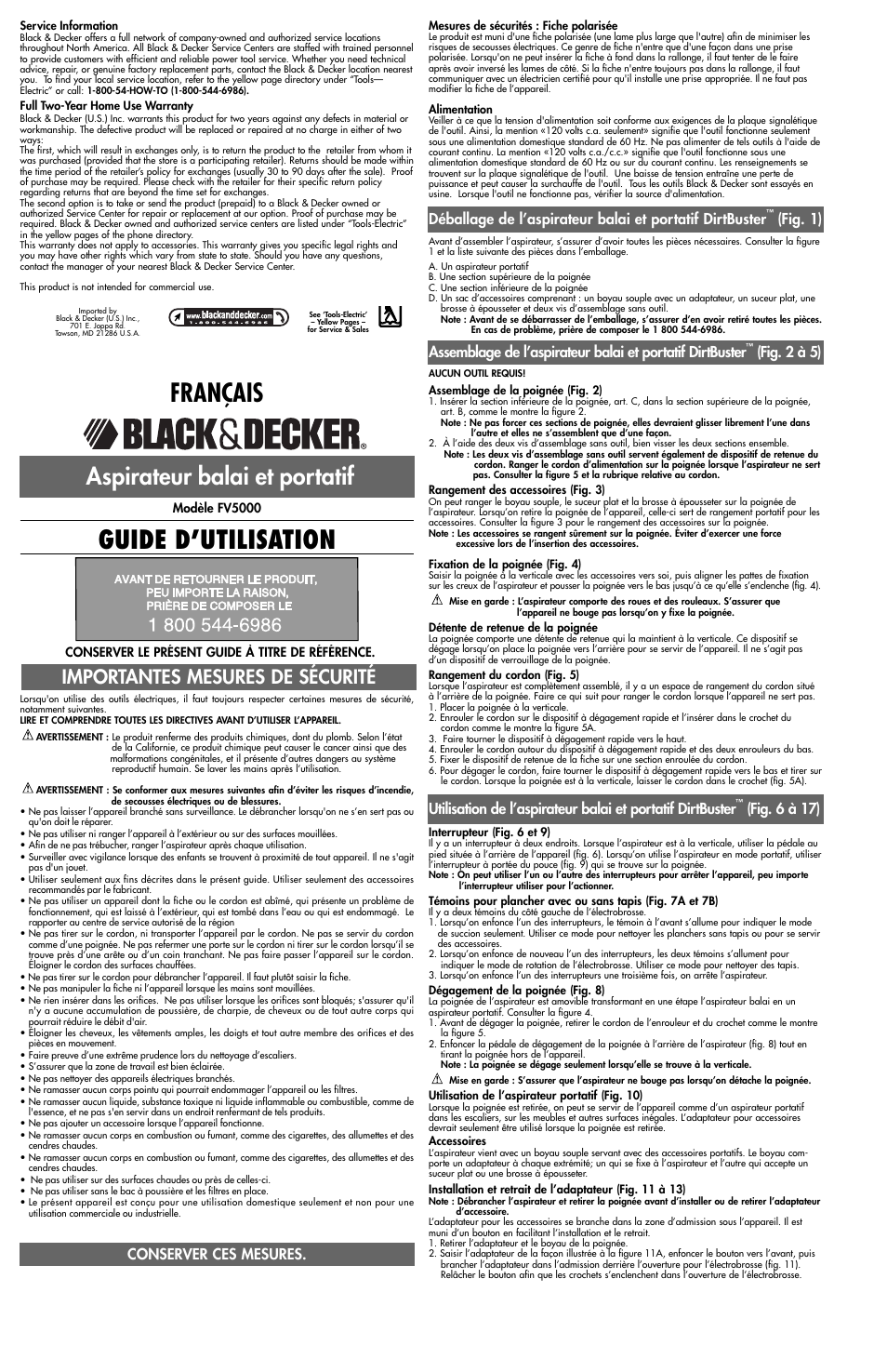 Guide d’utilisation français, Aspirateur balai et portatif, Importantes mesures de sécurité | Fig. 6 à 17), Fig. 2 à 5), Conserver ces mesures | Black & Decker FV5000 User Manual | Page 3 / 5