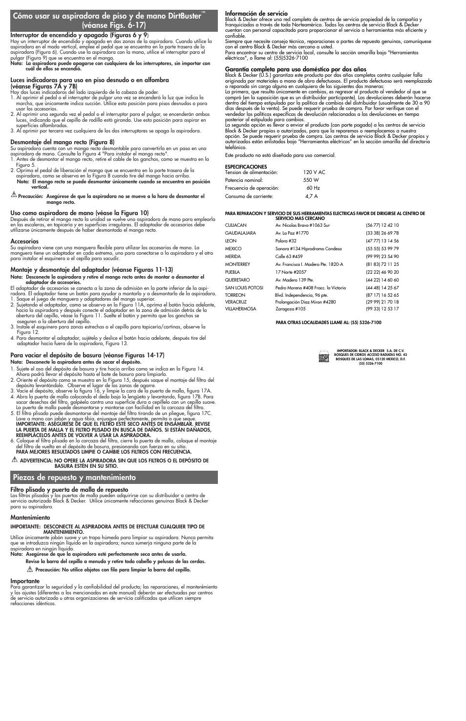 Piezas de repuesto y mantenimiento, Véanse figs. 6-17) | Black & Decker FV5000 User Manual | Page 5 / 5