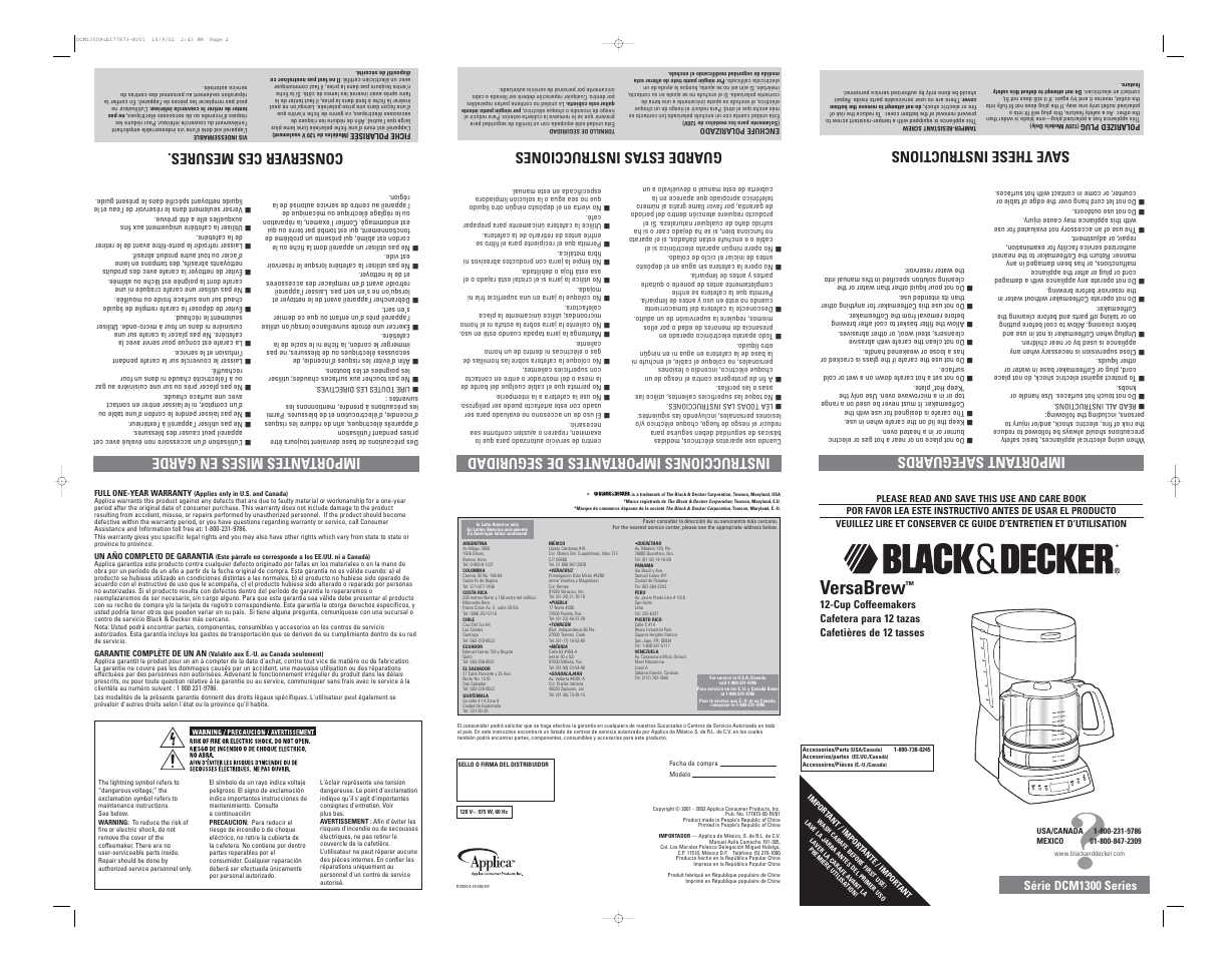 Versabrew, Important safeguards, Save these instructions | Guarde estas instrucciones, Conserver ces mesures, Série dcm1300 series | Black & Decker DCM1375 User Manual | Page 2 / 2