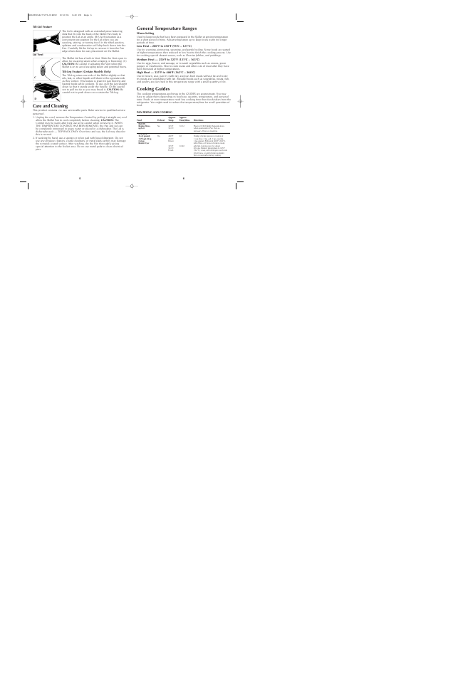 Care and cleaning, General temperature ranges, Cooking guides | Black & Decker SK600 Series User Manual | Page 4 / 17