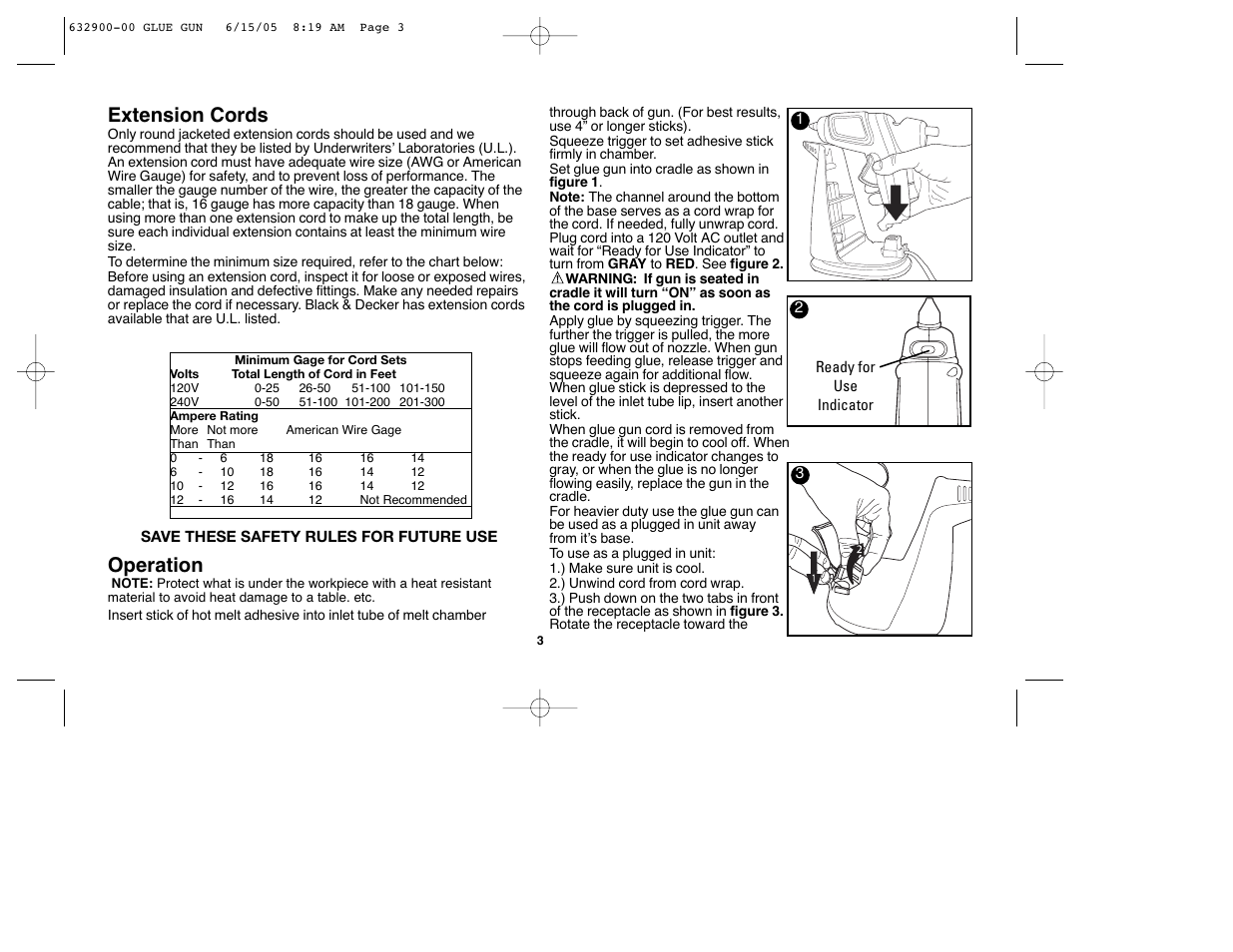 Extension cords, Operation | Black & Decker GG500S User Manual | Page 3 / 18