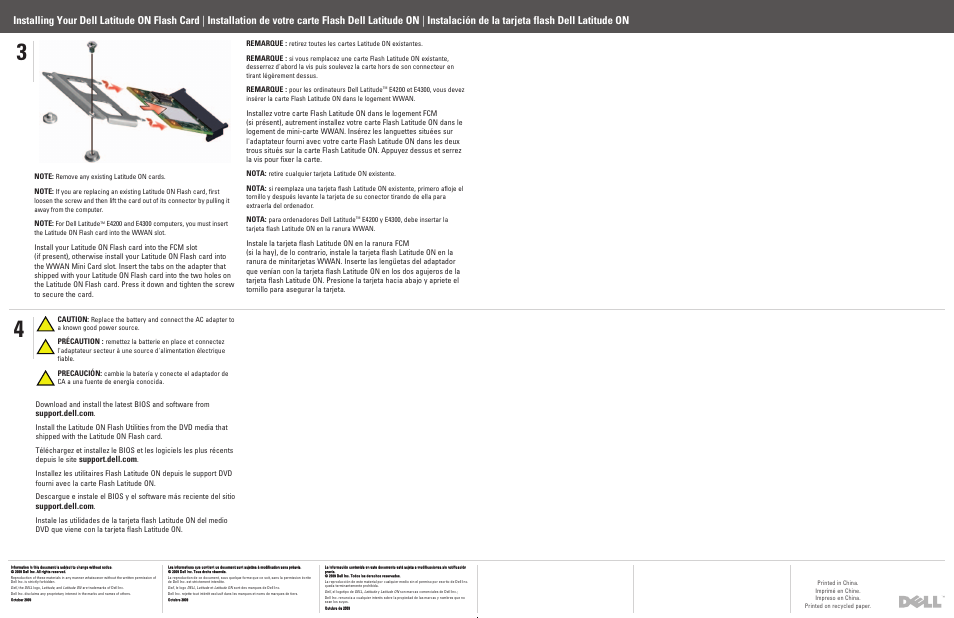 Remarque, Nota, Précaution | Precaución, Remove any existing latitude on cards, For dell latitude, Retirez toutes les cartes latitude on existantes, Pour les ordinateurs dell latitude, Retire cualquier tarjeta latitude on existente, Para ordenadores dell latitude | Dell Latitude E4300 (Late 2008) User Manual | Page 2 / 2