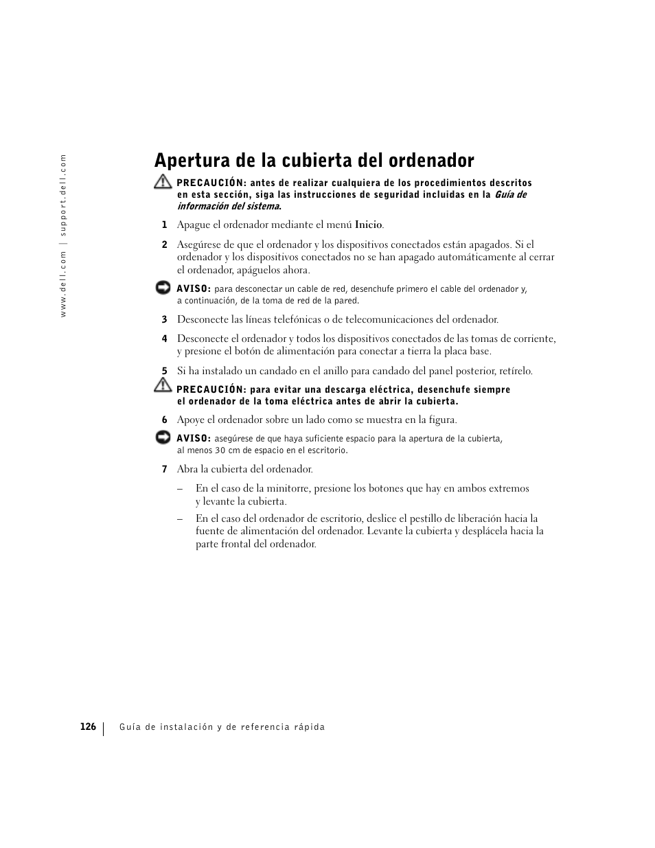 Apertura de la cubierta del ordenador | Dell Precision 360 User Manual | Page 126 / 146