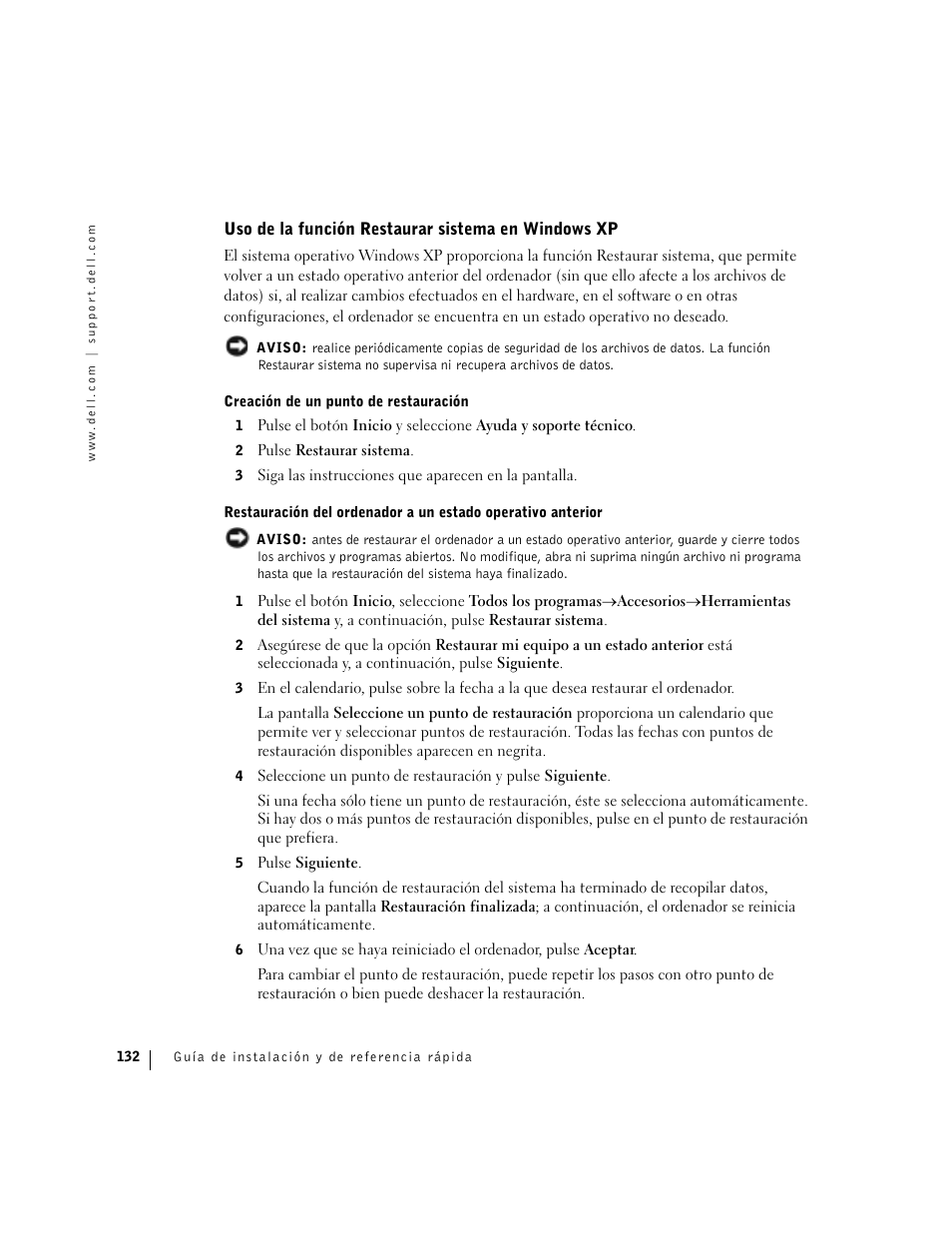 Uso de la función restaurar sistema en windows xp | Dell Precision 360 User Manual | Page 132 / 146