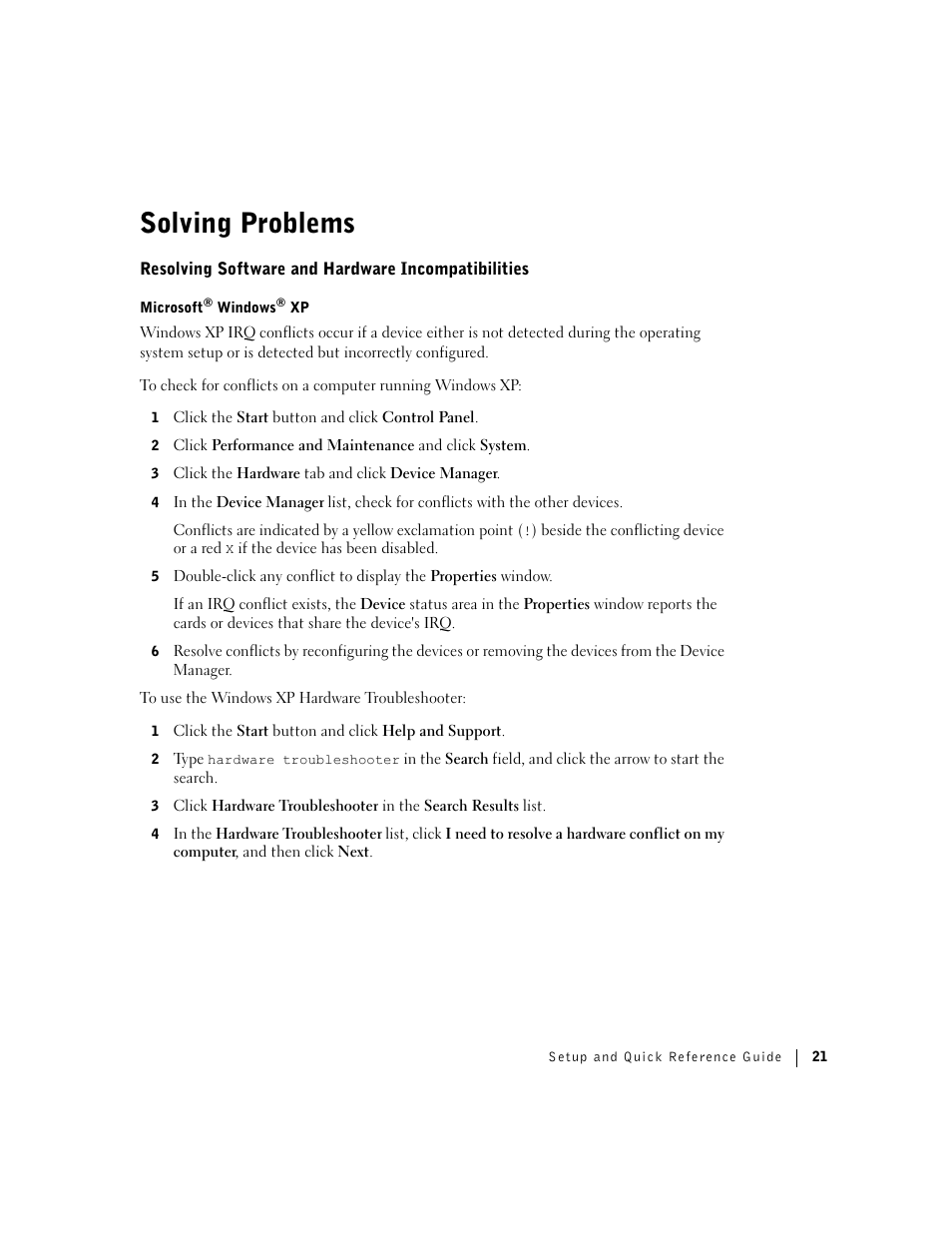 Solving problems, Resolving software and hardware incompatibilities | Dell Precision 360 User Manual | Page 21 / 146