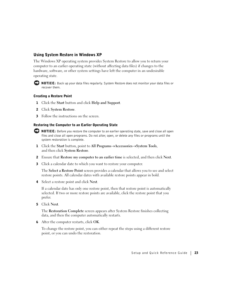 Using system restore in windows xp | Dell Precision 360 User Manual | Page 23 / 146