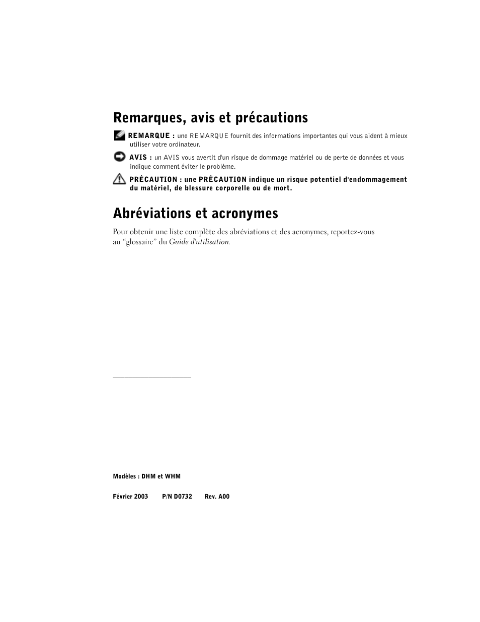 Remarques, avis et précautions, Abréviations et acronymes | Dell Precision 360 User Manual | Page 36 / 146