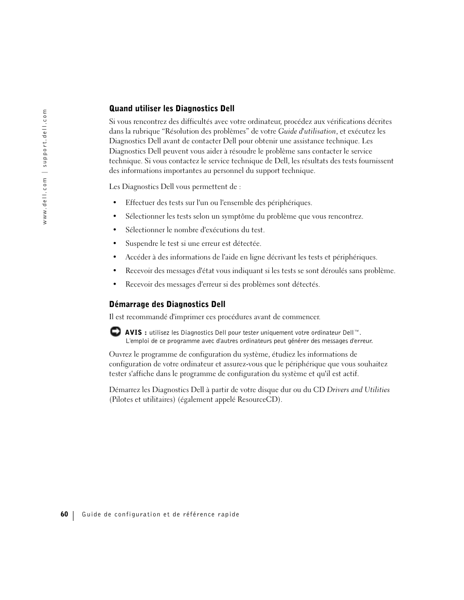 Quand utiliser les diagnostics dell, Démarrage des diagnostics dell | Dell Precision 360 User Manual | Page 60 / 146