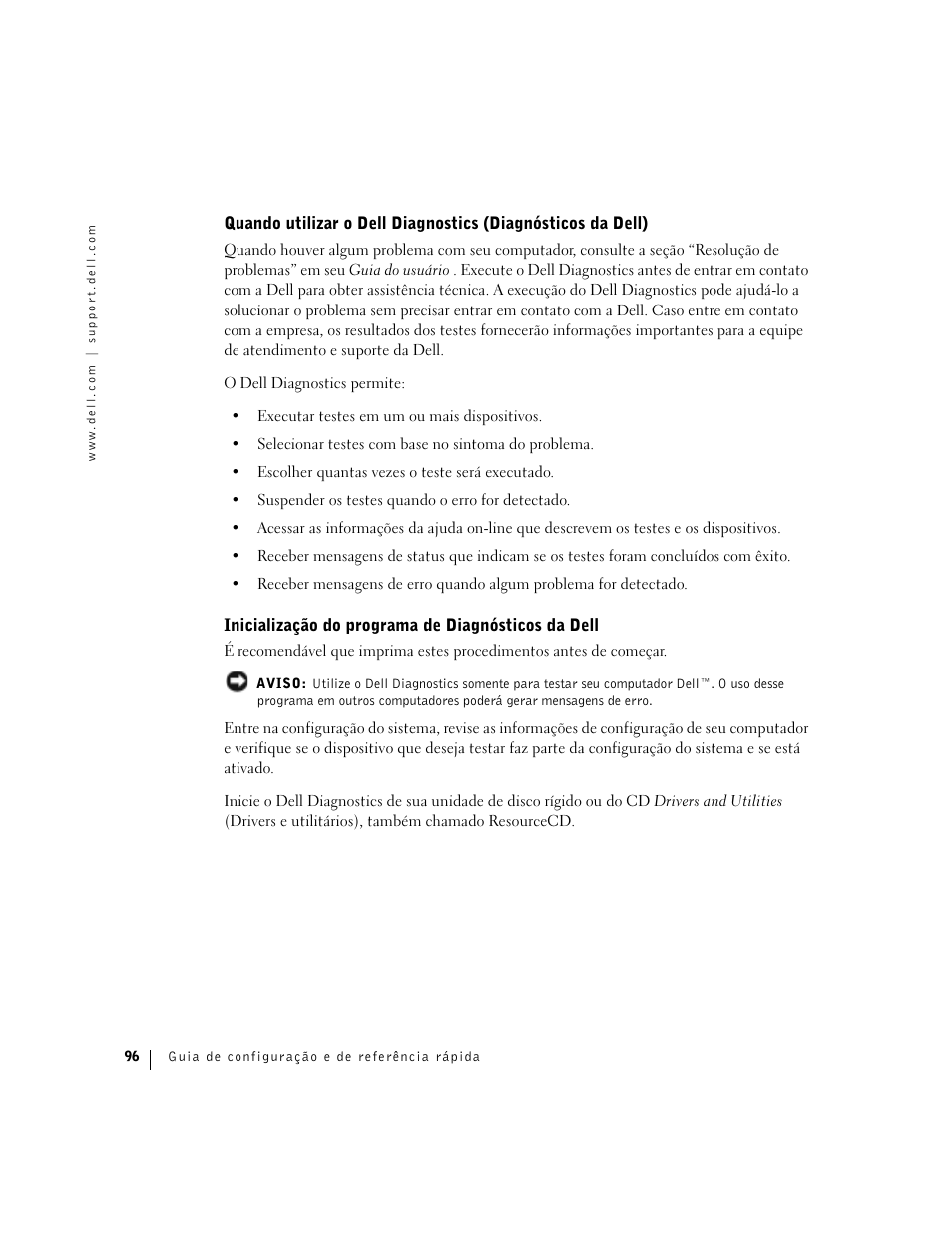 Inicialização do programa de diagnósticos da dell | Dell Precision 360 User Manual | Page 96 / 146