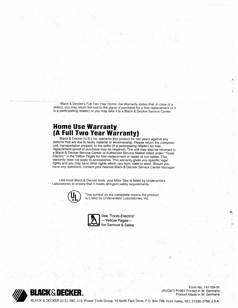 Bimikgilecker, Home use warranty (a full two year warranty) | Black & Decker 81/4" COMPUND MITER SAW 9425 User Manual | Page 12 / 12