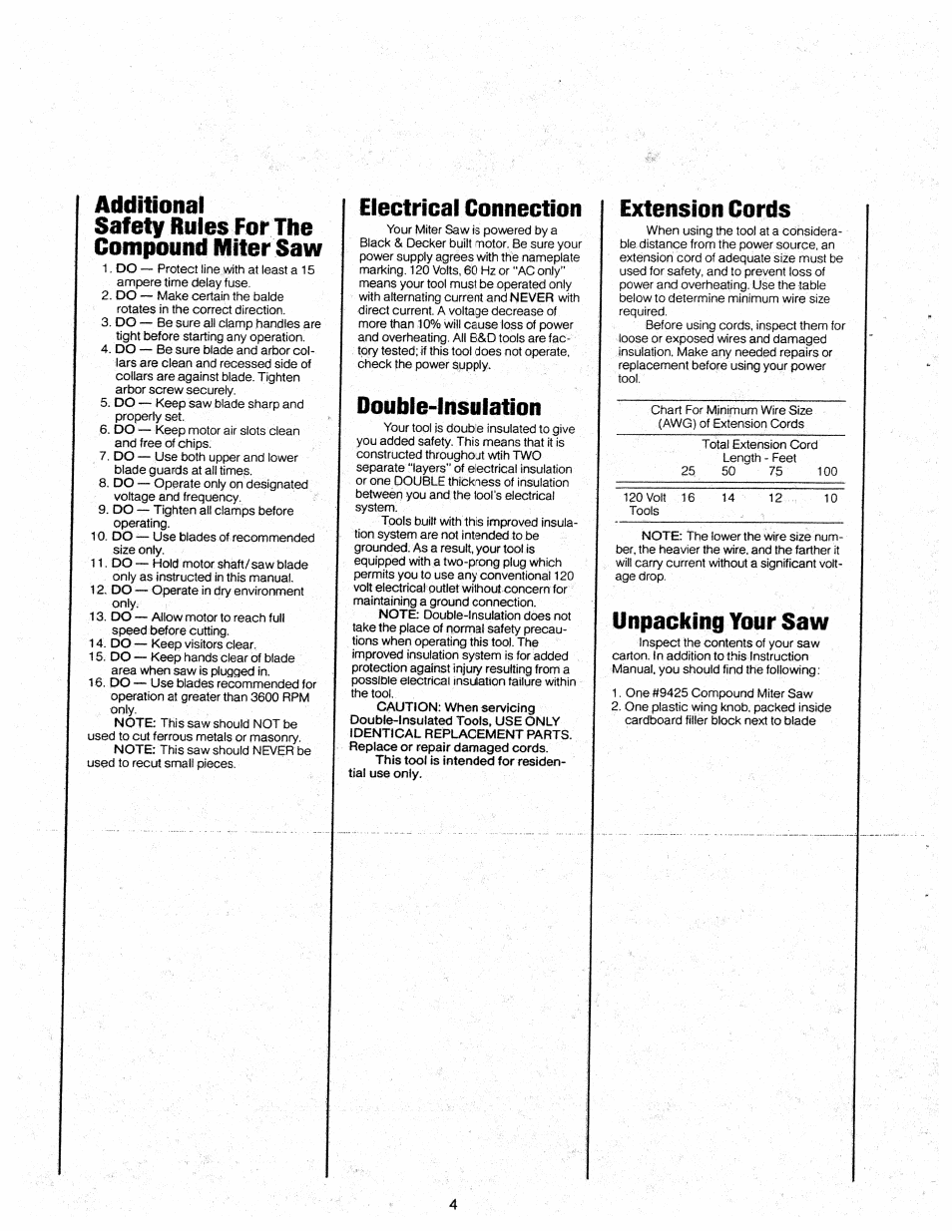 Additional safety rules for the compound miter saw, Electrical connection, Double-insulation | Extension cords, Unpacking your saw | Black & Decker 81/4" COMPUND MITER SAW 9425 User Manual | Page 4 / 12