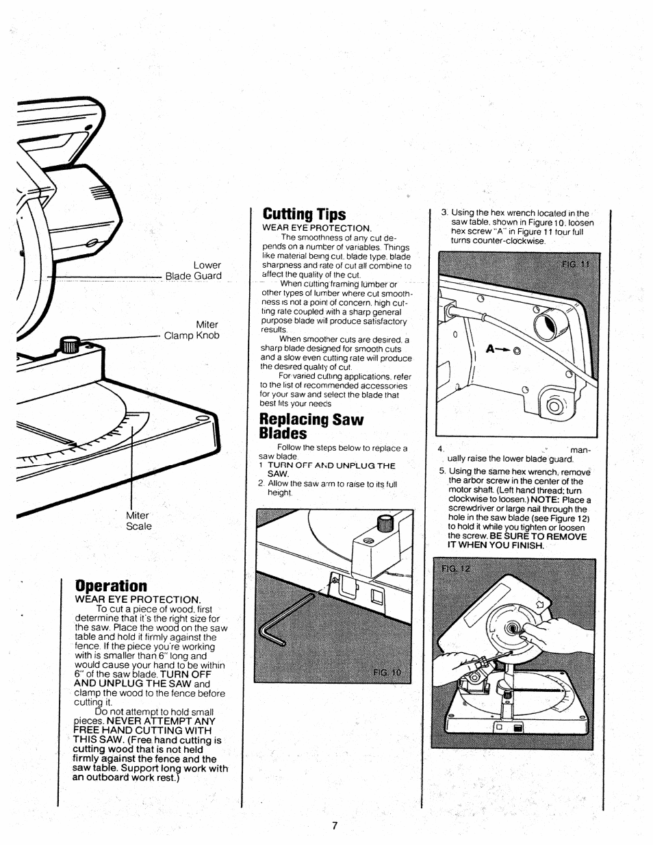 Operation, Cutting tips, Replacing saw blades | Black & Decker 81/4" COMPUND MITER SAW 9425 User Manual | Page 7 / 12