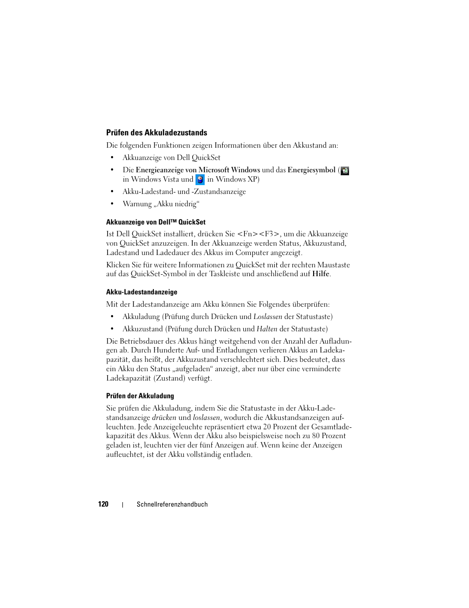 Prüfen des akkuladezustands | Dell Latitude XT (Late 2007) User Manual | Page 120 / 234