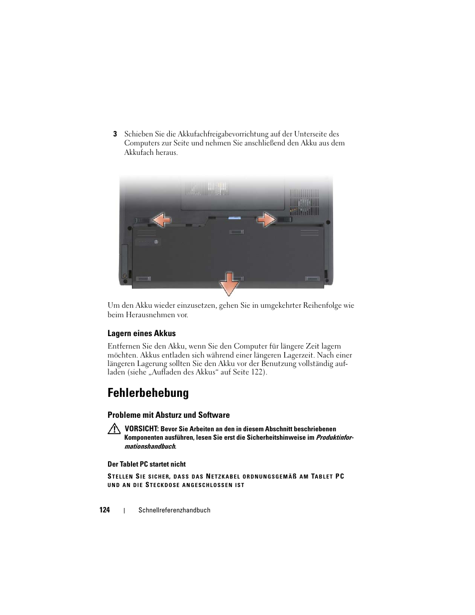 Lagern eines akkus, Fehlerbehebung, Probleme mit absturz und software | Dell Latitude XT (Late 2007) User Manual | Page 124 / 234