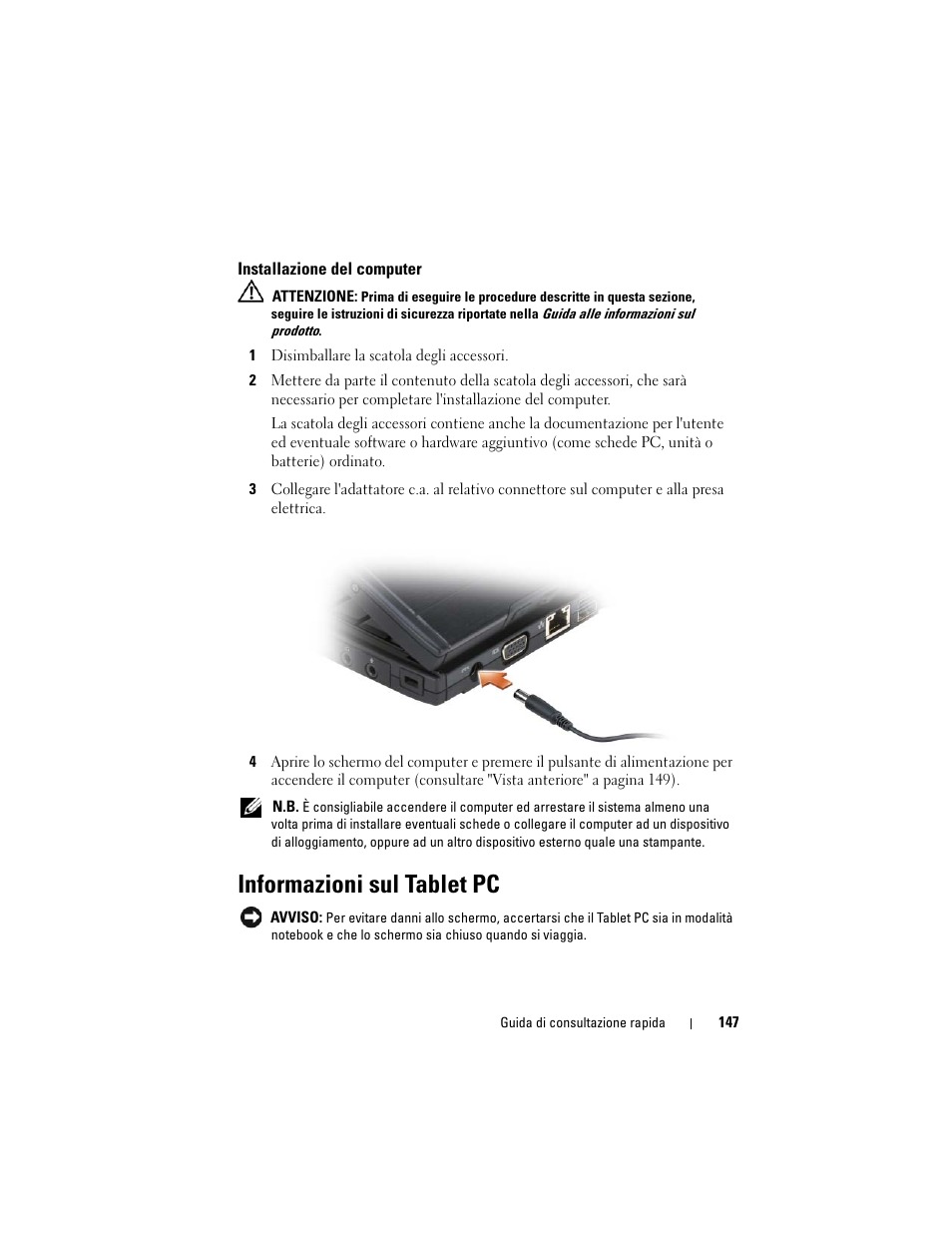 Installazione del computer, Informazioni sul tablet pc | Dell Latitude XT (Late 2007) User Manual | Page 147 / 234