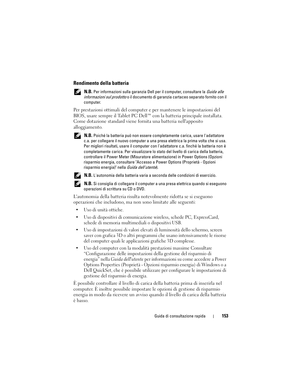 Rendimento della batteria | Dell Latitude XT (Late 2007) User Manual | Page 153 / 234