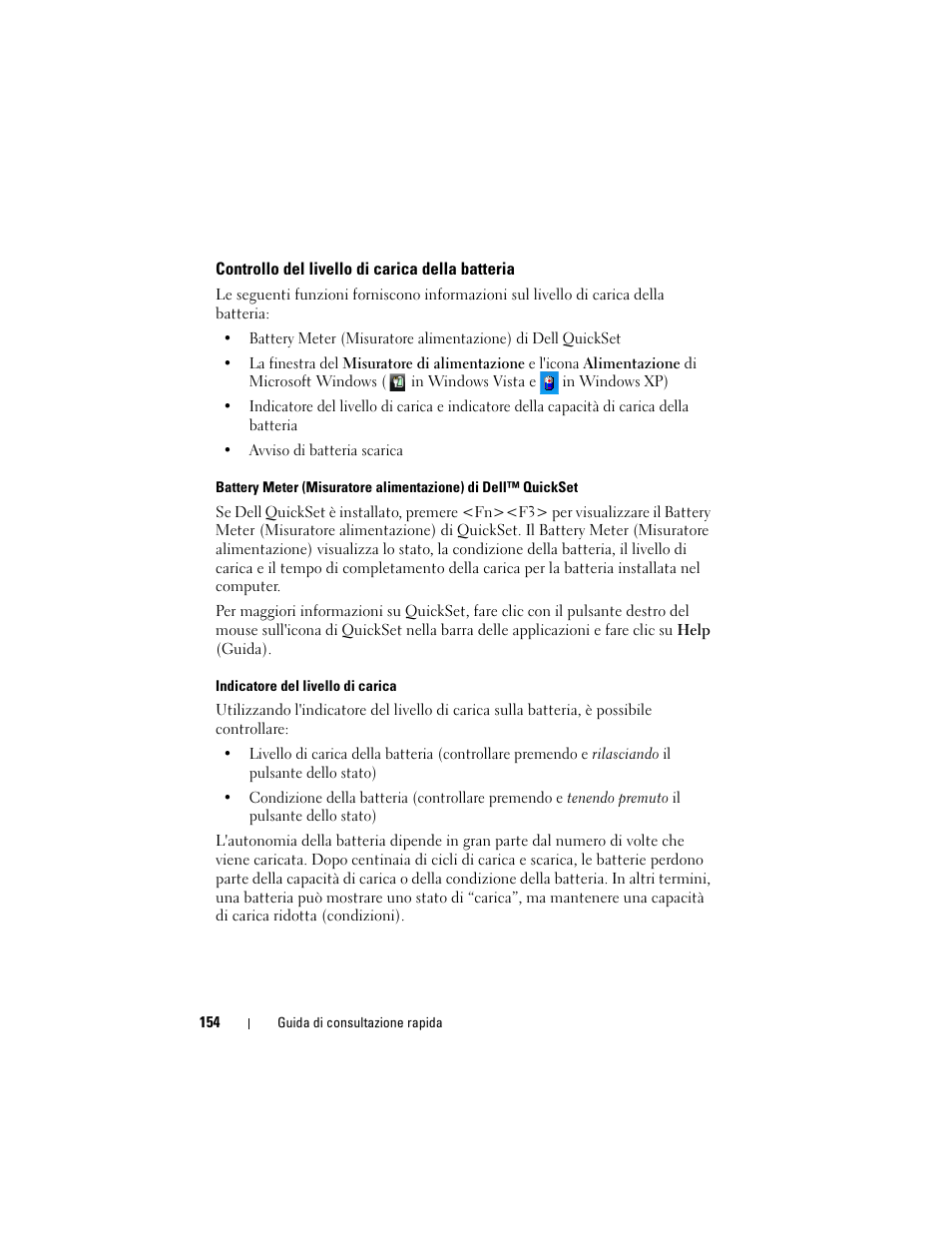 Controllo del livello di carica della batteria | Dell Latitude XT (Late 2007) User Manual | Page 154 / 234