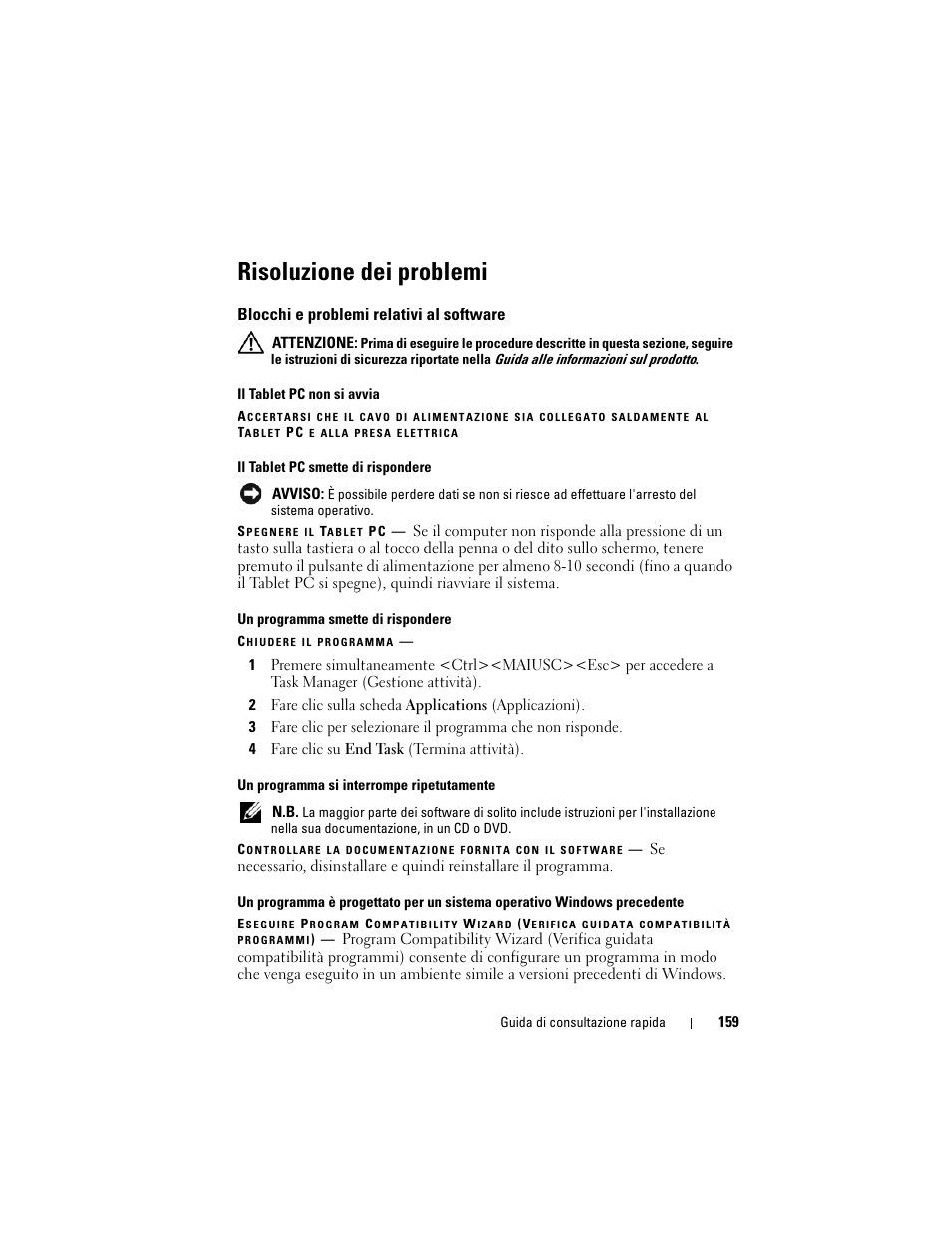 Risoluzione dei problemi, Blocchi e problemi relativi al software | Dell Latitude XT (Late 2007) User Manual | Page 159 / 234