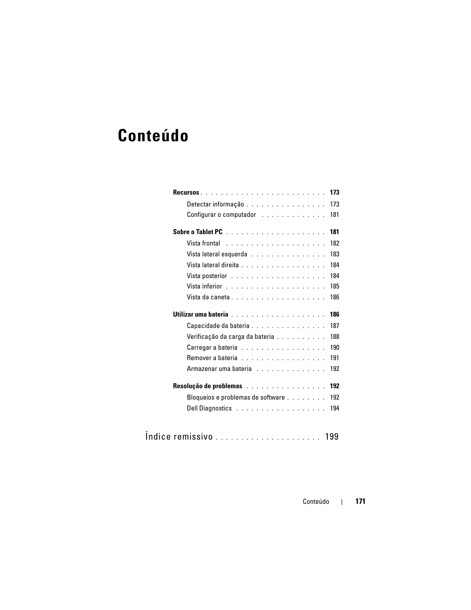 Conteúdo, Índice remissivo | Dell Latitude XT (Late 2007) User Manual | Page 171 / 234