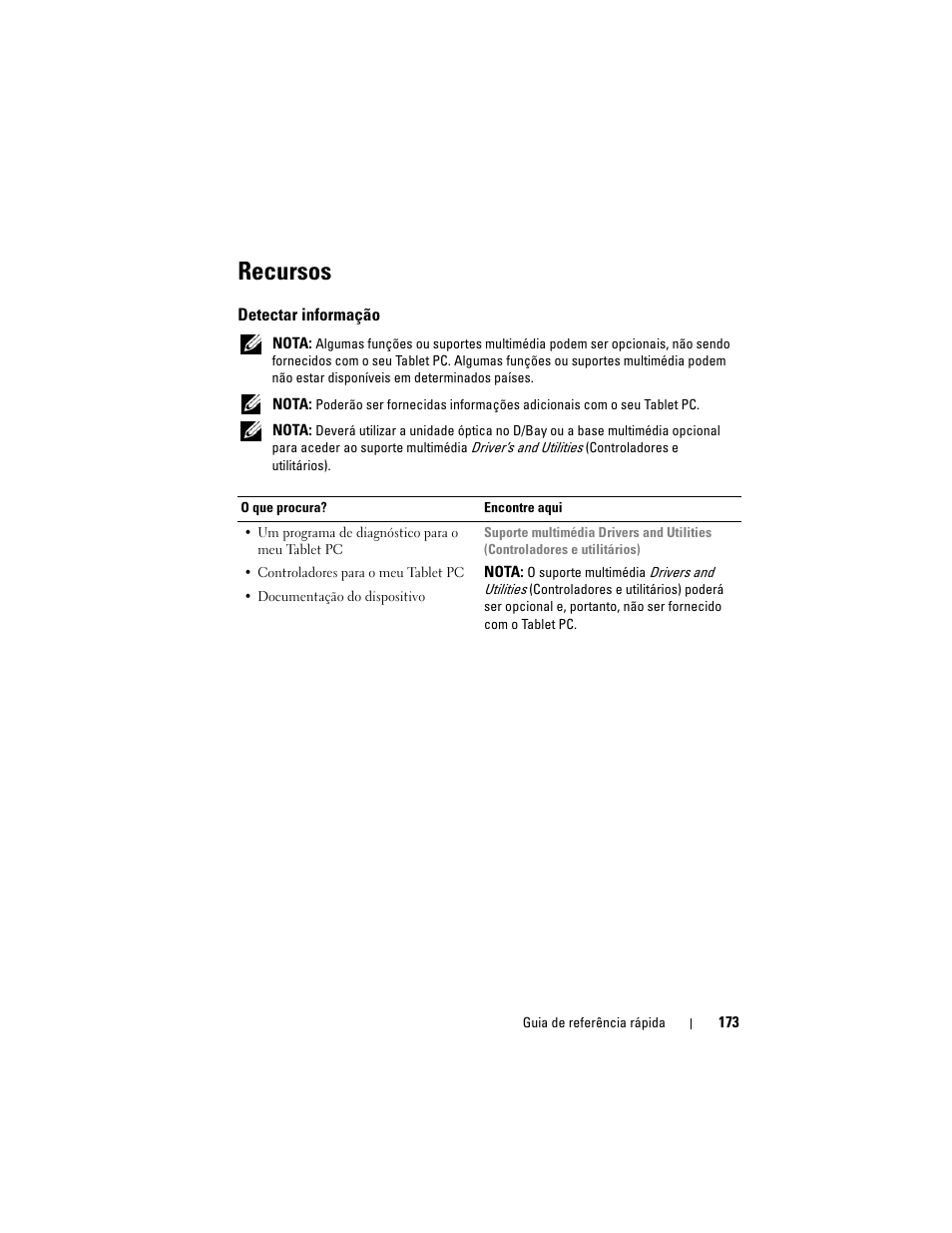 Recursos, Detectar informação | Dell Latitude XT (Late 2007) User Manual | Page 173 / 234