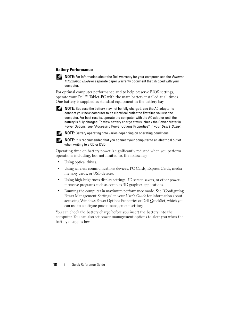 Battery performance | Dell Latitude XT (Late 2007) User Manual | Page 18 / 234