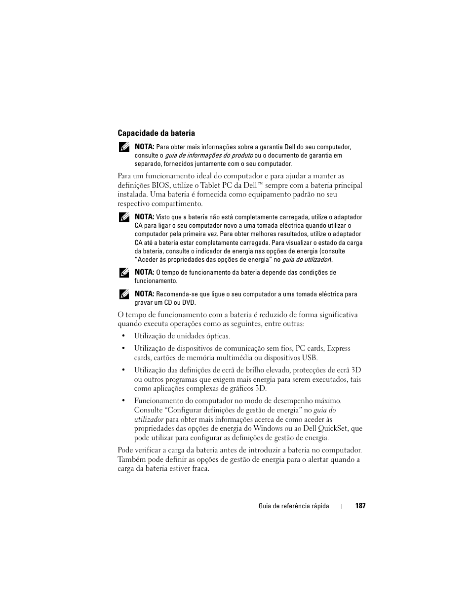 Capacidade da bateria | Dell Latitude XT (Late 2007) User Manual | Page 187 / 234