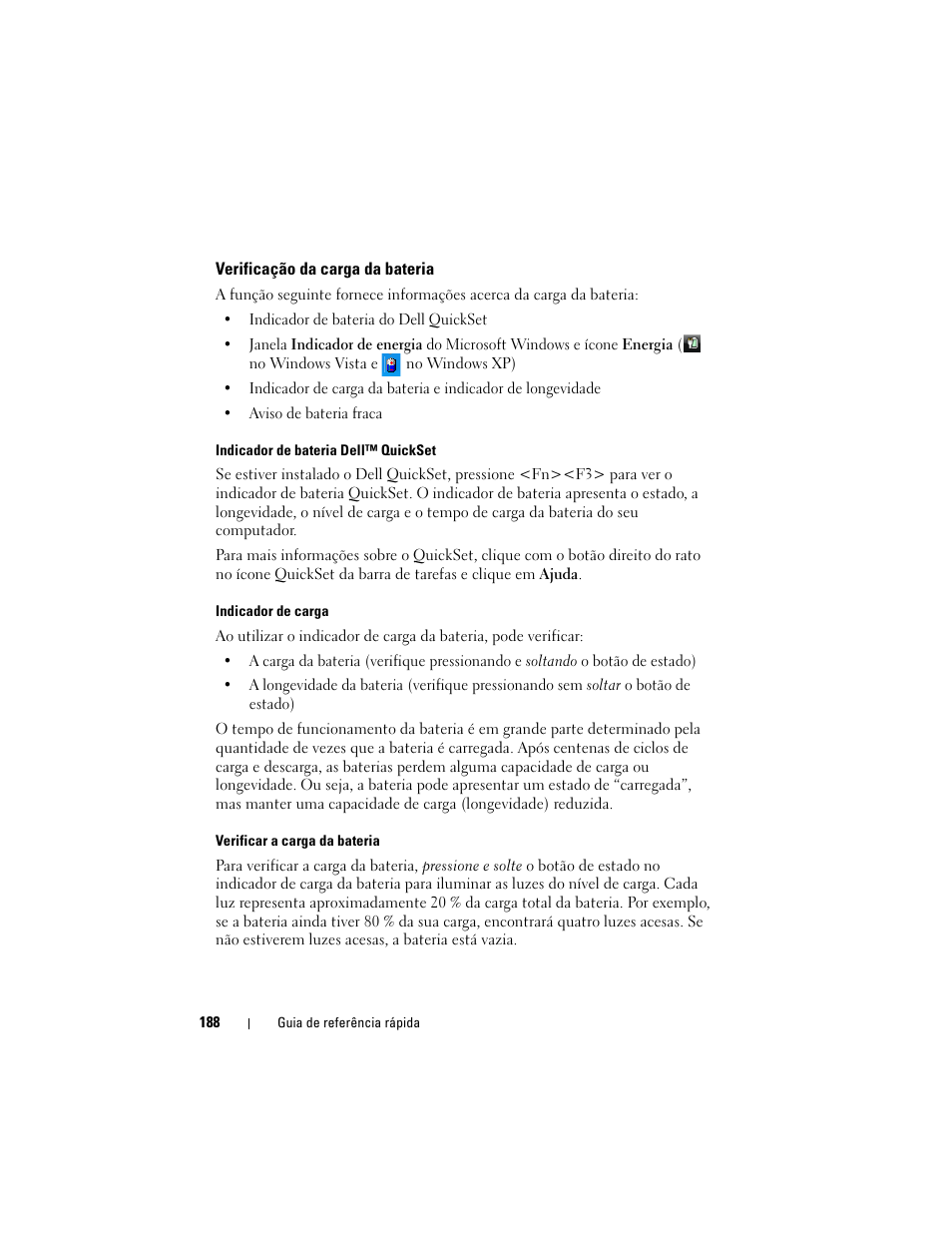 Verificação da carga da bateria | Dell Latitude XT (Late 2007) User Manual | Page 188 / 234