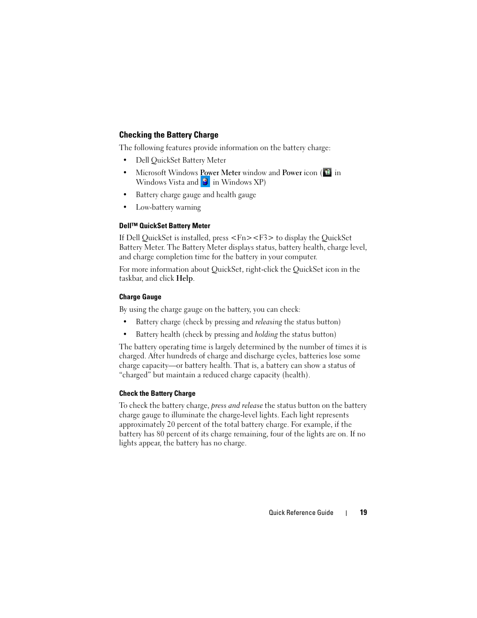 Checking the battery charge | Dell Latitude XT (Late 2007) User Manual | Page 19 / 234