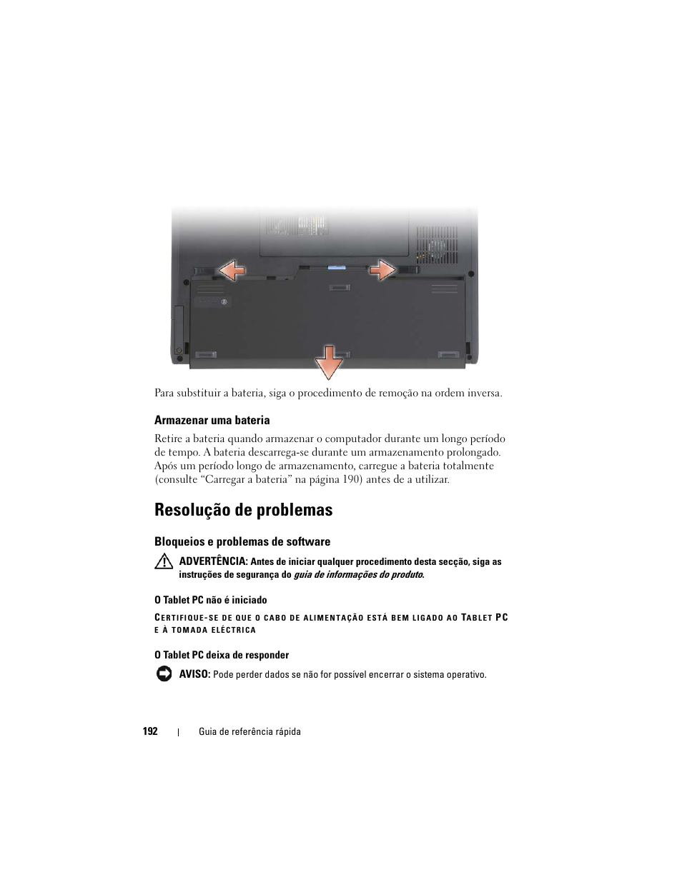 Armazenar uma bateria, Resolução de problemas, Bloqueios e problemas de software | Dell Latitude XT (Late 2007) User Manual | Page 192 / 234