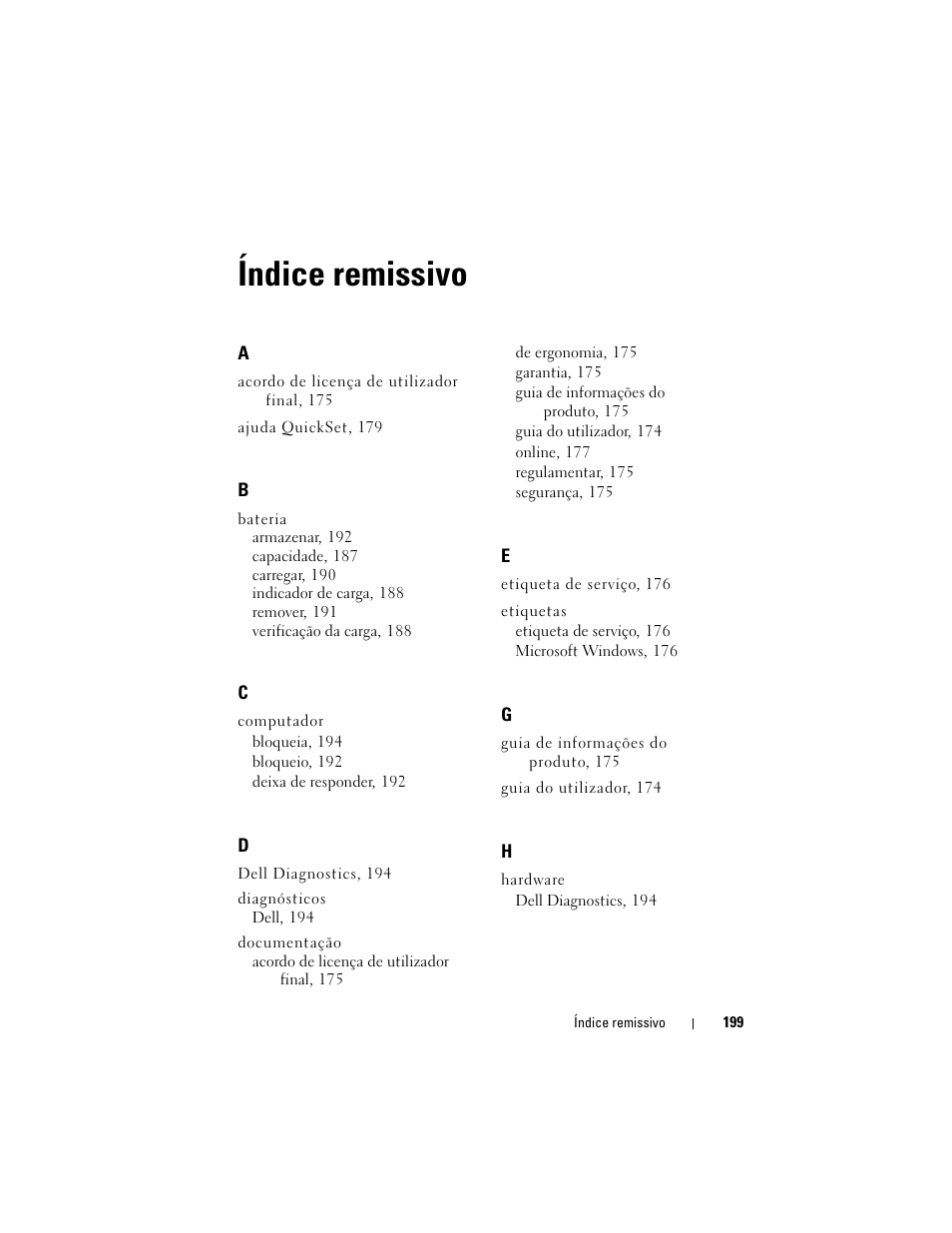 Índice remissivo | Dell Latitude XT (Late 2007) User Manual | Page 199 / 234