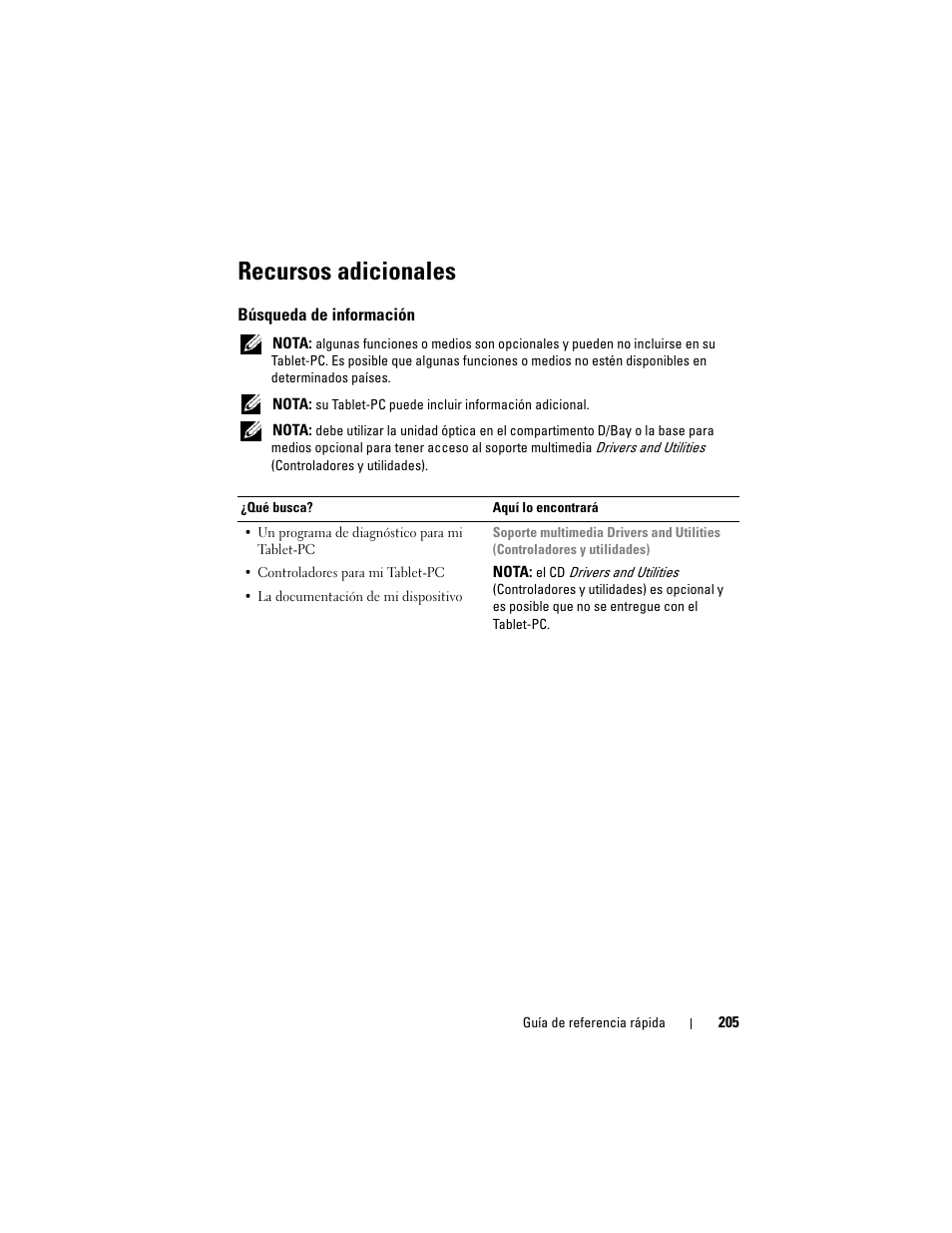 Recursos adicionales, Búsqueda de información | Dell Latitude XT (Late 2007) User Manual | Page 205 / 234