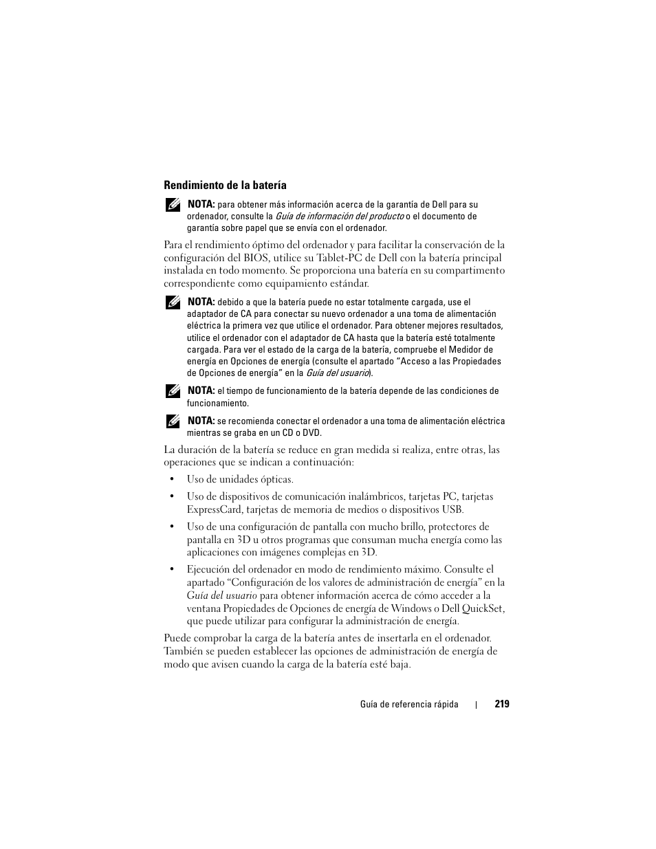 Rendimiento de la batería | Dell Latitude XT (Late 2007) User Manual | Page 219 / 234