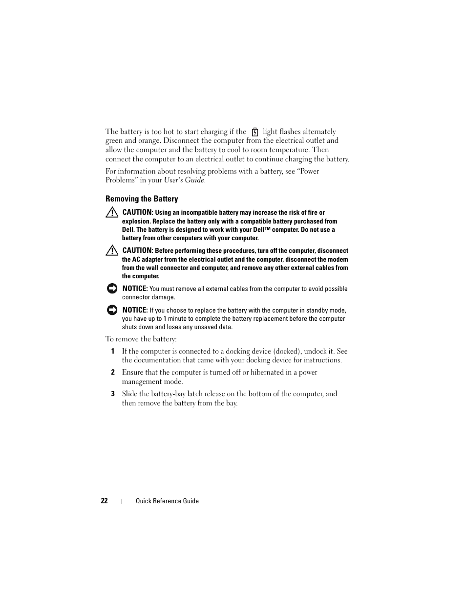 Removing the battery | Dell Latitude XT (Late 2007) User Manual | Page 22 / 234