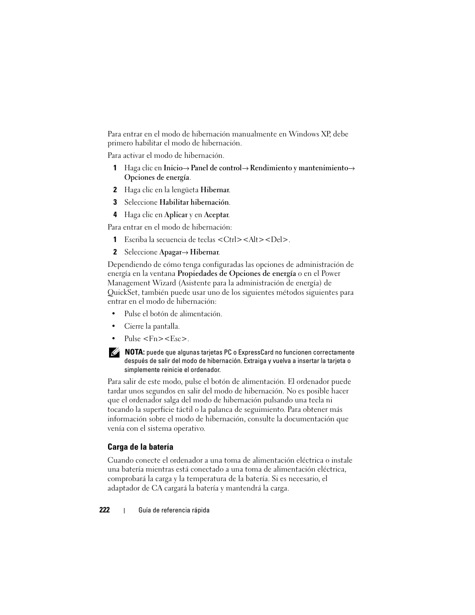 Carga de la batería | Dell Latitude XT (Late 2007) User Manual | Page 222 / 234