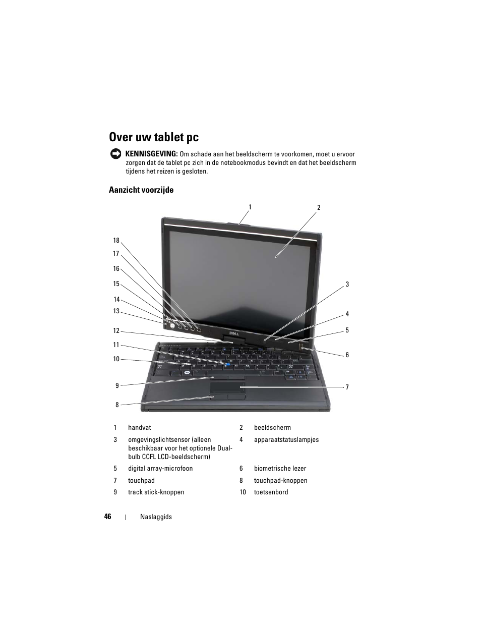 Over uw tablet pc, Aanzicht voorzijde | Dell Latitude XT (Late 2007) User Manual | Page 46 / 234